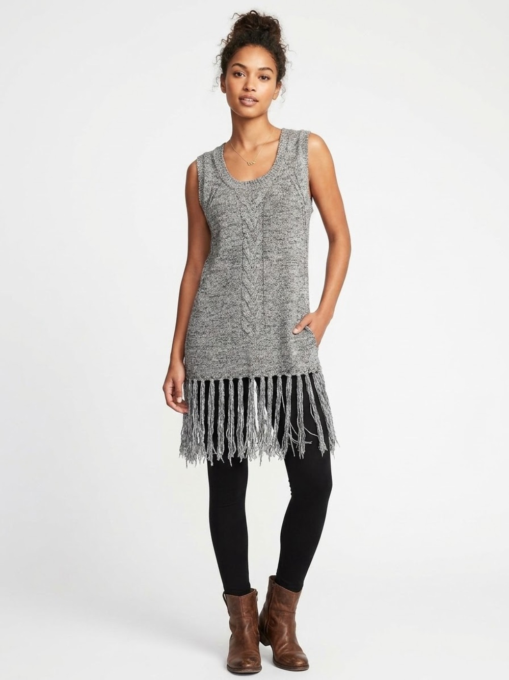 On The Road Gray Fringe Crewneck Knit Tunic